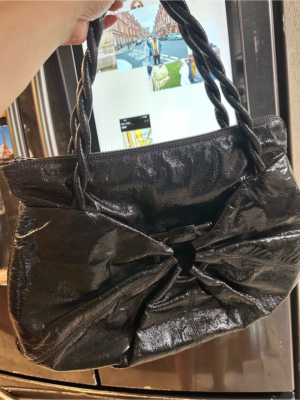 Salvatore Ferragamo Black Patent Bow-Front Shoulder Bag